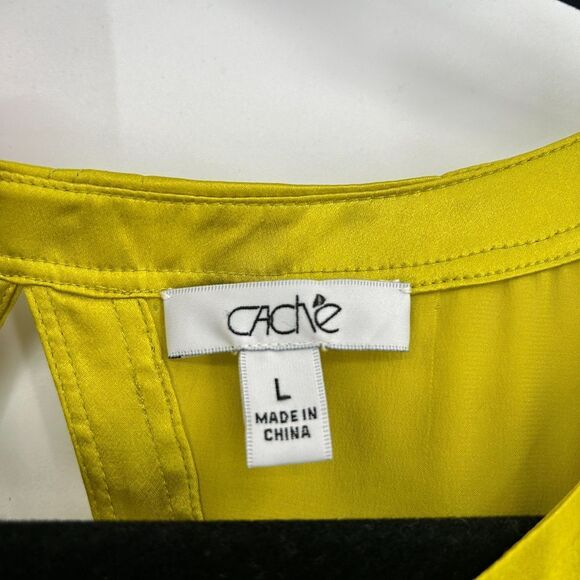 CACHE Vintage Y2K Yellow 100% Silk Pleated Key Hole Back Sleeveless Blouse Large - Picture 4 of 5